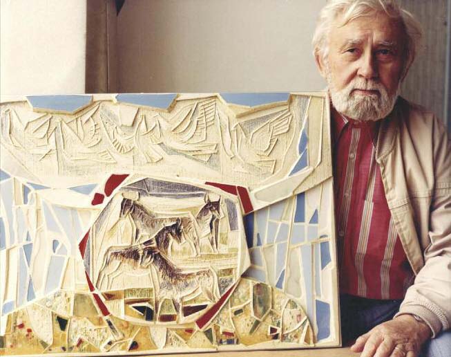 V.K. Jonynas with section of mosaic-bas relief, for the cafeteria at Rikers Island, NY. (LRSC Archive)