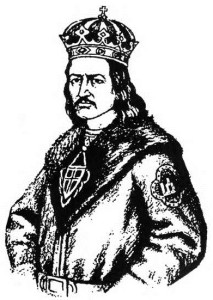 The dynasty began by Gediminas in Lithuania was continued in Poland by Jogaila. In the above drawing, Jogaila is shown wearing the Gediminaičiai family crest on his arm.