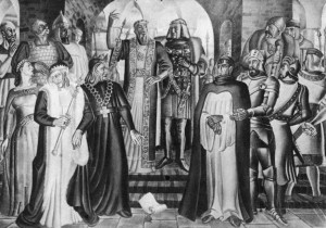 In 1429 Vytautas (shown on the right in center of picture) invited the rulers of central and eastern Europe to his fortress of Lutsk for a peace conference. Holy Roman Emperor Sigismund proposed that Vytautas be crowned King of Lithuania. For all practical purposes, Vytautas was already a powerful king. (Mural by S. Ušinskas, which was exhibited at the 1939 New York World's Fair).