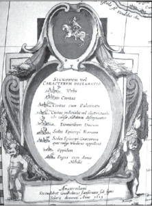 The top of the main cartouche shows the emblem of the Grand Duchy of Lithuania. Inside the oval frame are the various symbols used on the map to represent cities, castles, monasteries, and the residences of nobles and high church officials. 
