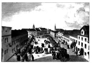 Vilnius during the mid-18th century was a bustling city. This contemporary engrav­ ing shows Town Hall Square and Didžioji Street. The spire of St. Johns church and Vilnius Cathedral can be seen in the back­ ground. 