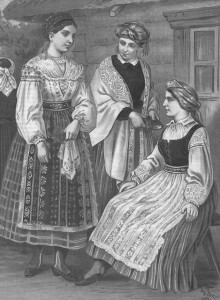Women of Lithuania Minor dressed in their native costumes. 19th century lithograph by the German artist A. Kretchmer. 