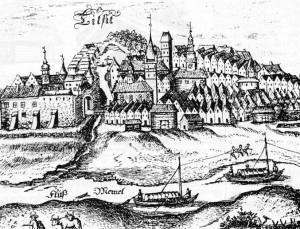 The city of Tilžė (Cer. Tilsit), shown here in a 17th century engraving, was considered as the true capital of Lithuania Minor.