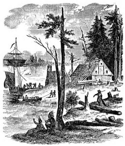 First settlement of New York, as portrayed in a 19th Century wood engraving.