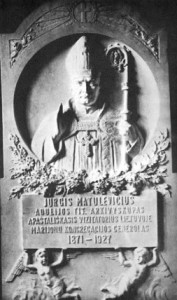 A bronze memorial plaque was placed above Archbishop Matulaitis’ sarcophagus in the church of Marijampolė in Lithuania. 