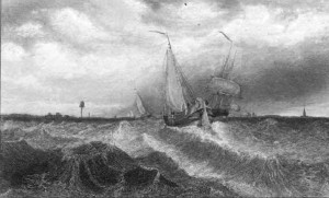 Boats approaching the Palanga harbor. (Early 19th century etching by Alexander Orlowski).