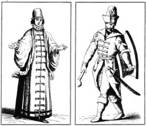 A Lithuanian bajorė from Gardinas (Grodno), and an armed bajoras. (From "Ancient and modern costumes of the entire world" by C. Vecellius, Venice 1598.) 