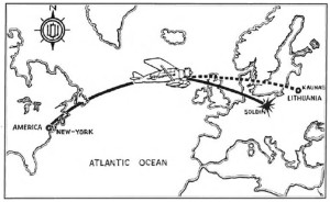 Intended and actual paths of the "Lituanica" across the Atlantic Ocean.