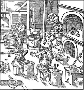 Scene of a workshop showing the process of refining precious metals. (From Georgius Agricola's De Re Metallica, 1556.) 