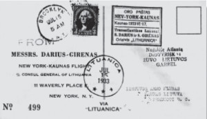 Darius and Girėnas are credited with initiating official air mail service between the United States and Europe. This is one of the letters they carried aboard, stamped July 15, 1933..