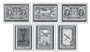 Darius and Girėnas were honored with a set of postage stamps issued in Lithuania in 1934 (which includes one with the angel of death standing atop the wrecked “Lituanica”), as well as commemorative coins, banknotes, medals, and monuments. Schools, streets, and other landmarks were named after them. In the United States, Lithuanians also issued medals and erected monuments in their memory. In 1935 Petras Jurgėla wrote and published “Winged Lithuanians — Darius and Girėnas.”