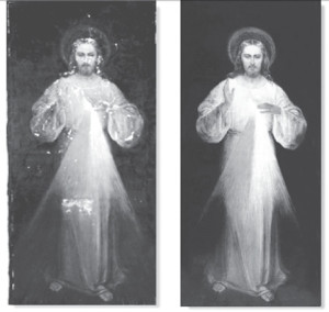 LEFT: The original “Vilnius Image” of the Divine Mercy before restoration; and, RIGHT: the same painting after it was cleaned and restored in 2003.