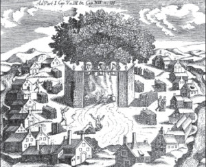 Romuva, or Baltic pagan temple, as shown in a 17th century engraving. Three gods can be seen under the large oak tree