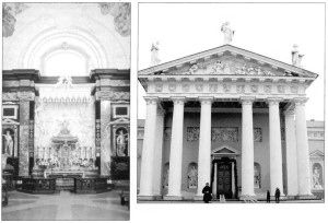 LEFT: Saint Casimir’s Baroque chapel with the magnificent altar and the saint’s silver sarcophagus above it. RIGHT: The statues and frieze decorations of the Neoclassic Vilnius Cathedral were some of the last creations by Italian masters in Lithuania.