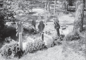 Grave markers called krikštai in the church’s graveyard.