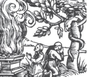 Early Lithuanians worshiping fire and snakes, as shown in this woodcut which appeared in a 16th century book.