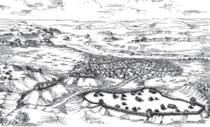 Fortifications were built on top of hill-forts, and towns began forming around them. (Reconstruction of how Kernavė may have looked in the 13th-14th centuries.)