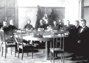 In this rare photograph, Dr. Jonas Šliūpas (second from left) is shown at the first conference between the representatives of the Baltic States and the Soviet Union in Dorpat (present-day Tartu, Estonia) in 1919.