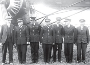 Crew of the trans-European flight near an AMBO airplane. (From left): Jurgis Savickis (a guest), Antanas Gustaitis, Jonas Liorentas, Juozas Namikas, Jonas Mikėnas, Romualdas Marcinkus, and Kazys Rimkevičius