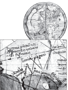 Pietro Vesconte’s 1321 manuscript map of the known world, included in Marino Sanudo’s book. Vesconte placed Lithuanians next to the Baltic Sea (left bottom part of the map) and called them Letvini pagani  (pagan Lithuanians).