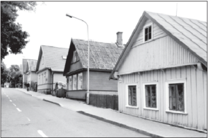  Karaimų gatvė (Karaite Street) in Trakai.  All the houses have three windows facing the street. According to Karaite tradition, the three windows symbolize God, country and Grand Duke Vytautas. 