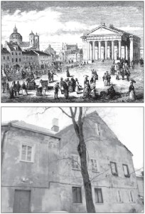TOP: The old Vilnius Town Hall Square, a popular gathering place for the city’s elite, with the Church of St. Casimir on the left and Town Hall on the right (early 19th century engraving). ABOVE: This is what is left of the SS Joseph and Nicodemus Church, rebuilt as a private residence in the late 18th century.
