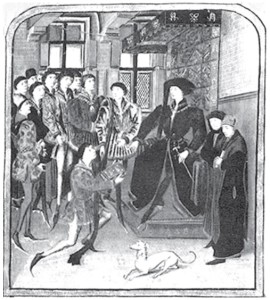 Ghillebert de Lannoy presents his writings to Duke Phillipe of Burgundy. (Miniature painting from a Medieval manuscript in the Royal Library of Brussels.)