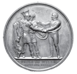 Table medal struck in Paris in 1812 to commemorate the taking of Vilnius. It shows Napoleon handing a shield to a Lithuanian and a sword to a Pole.