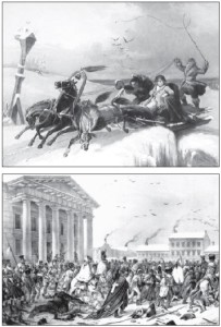 TOP: Napoleon hurries back to Paris through the Lithuanian countryside. ABOVE: The Grand Army returning to Vilnius. In this nineteenth-century lithograph, remnants of the decimated army passes the city’s Old Town Hall.