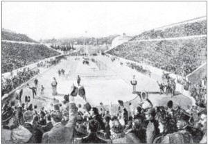 Panathinaiko Stadium in Athens during the first day of the 1896 Olympics. During this event, Mineyko was a press correspondent for Polish newspapers.