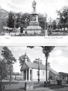 Monument to General Muravyov “The Hangman” erected in a Vilnius square by the Czarist regime (early 19th century postcard.) LEFT, BOTTOM: The old church of Paberžė where Rev. Mackevičius preached, and the churchyard where many of the 1863 1864 insurgents are buried. 