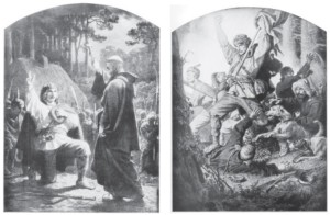 Two drawings by Artur Grottger from his series “Lituania” (1864-1866): The Rebel’s Oath and Samogitians on the Attack with Hunting Dogs.