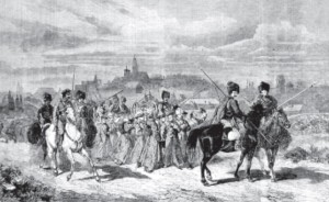 Cossacks on horseback lead a group of insurrectionists to Siberia (from a 19th century engraving.)