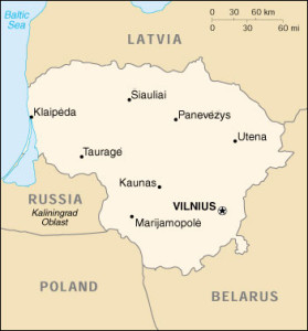 On this map of Lithuania, the Klaipėda Territory is indicated by the dark area on the left.