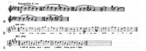 Another example of borrowed folk music in the trilled flute tune (tranquillo) at start and end of Spring Rounds (a) compared wuth Juška’s dainos numbered 249 and 271 (b and c), portions of which were joined together and made into a hybrid tune.