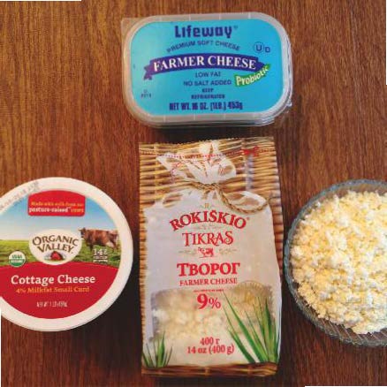 Choices for cottage cheese: creamed, Farmer's cheese (2 choices shown) or homemade curds. The Rokiškio 9% in the center is excellent (it's from Lithuania!).