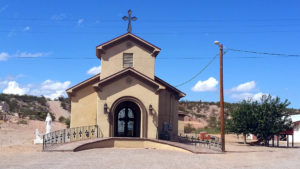 Our Lady of All Nations Church in New Mexico. Our Lady of Šiluva stands guard on the left.