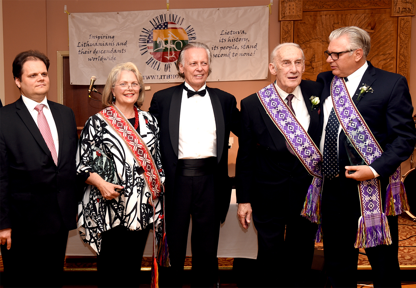 2015 National Lithuanian American Hall of Fame inductees: from left, actress Ann Jillian, NLAFH president Jon Platakis, solist Arnold Voketaitis and actor Vyto Ruginis.