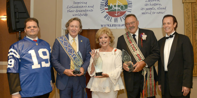On August 24, 2013 Lithuanian-American legends, Dick Butkus, Ruta Lee and Johnny Unitas (represented by hs son John C. Unitas Jr) were the first inductees into the National Lithuanian American Hall of Fame. The induction ceremony took place at the Lithuanian World Center in Lemont, IL. Among the guests were football great Doug Buffone and Hockey Hall of Fame member Bobby Hull. Pictured (from left) are the Lithuanian Consul General Marijus Gudynas, John C. Unitas Jr, Ruta Lee, Dick Butkus and the organizer of the event, Jon Platakis.