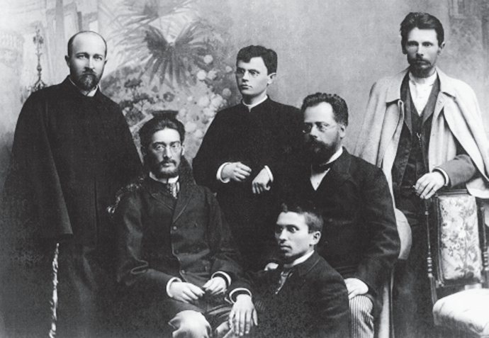 Members of the ‟Varpininkai” (proponents of Varpas and its ideas). Standing from left to right: Jonas Jablonskis, Juozas Tumas, Vincas Kudirka; seated: Motiejus Lozoraitis, Motiejus Čepas and Gabrielius Landsbergis-Žemkalnis.
