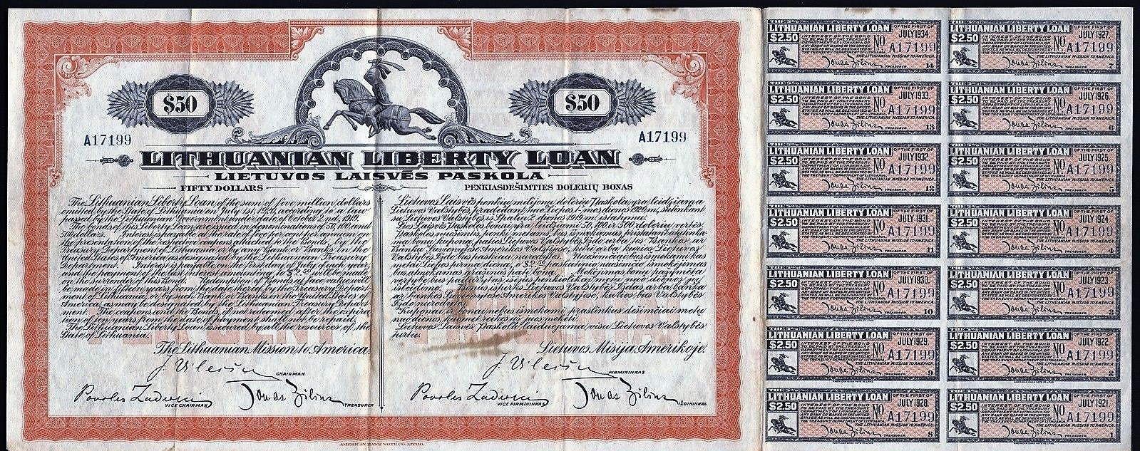 Fifty dollar Lithuanian Liberty Loan Certificate, 1920.