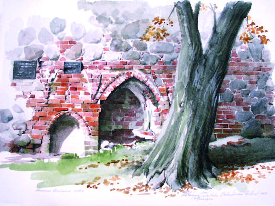 Fragment of a German church at Allenburg, Prussia. Watercolor. 2004.
