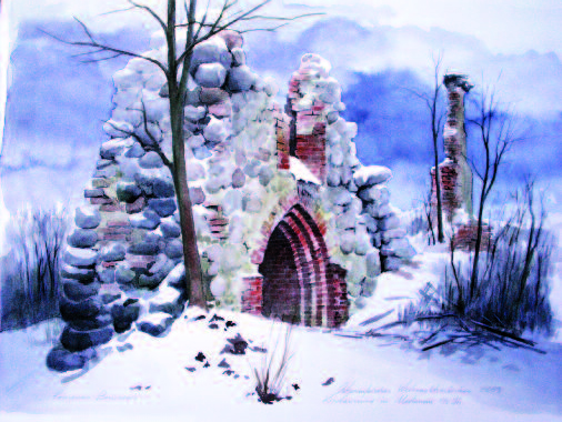 A Christmas tale. Ruins of a church in Medenau, East Prussia. Watercolor, 2009.