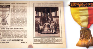 An appeal from the Lithuanian Liberty Bell Committee. Patrons contributing five dollars or more received a bronze medal replica of the bell. The center photograph shows Lithuania and Columbia flanking the newly cast Lithuanian Liberty Bell.