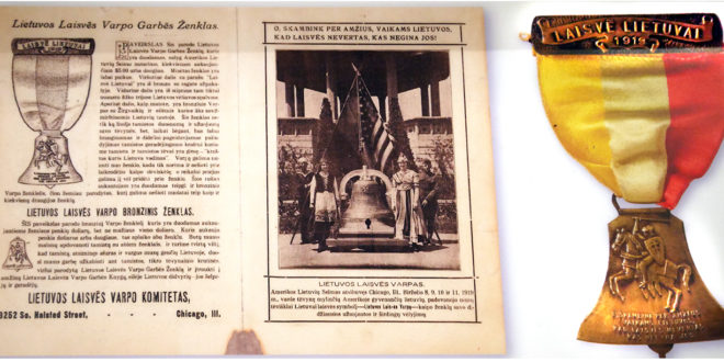 An appeal from the Lithuanian Liberty Bell Committee. Patrons contributing five dollars or more received a bronze medal replica of the bell. The center photograph shows Lithuania and Columbia flanking the newly cast Lithuanian Liberty Bell.