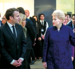 French President Emmanuel Macron and Lithuanian President Dalia Grybauskaitė at the opening of the Baltic art exhibit.