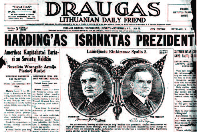 Here are two front pages of Draugas from November 3, 1920. The top is labelled (upper right) CITY EDITION and the bottom is labelled COUNTRY EDITION. They appear to be two completely different issues! The top is from the bound print archives in the Draugas publishing offices, whle the bottom image was from microfilm archived at the Center for Research Libraries.